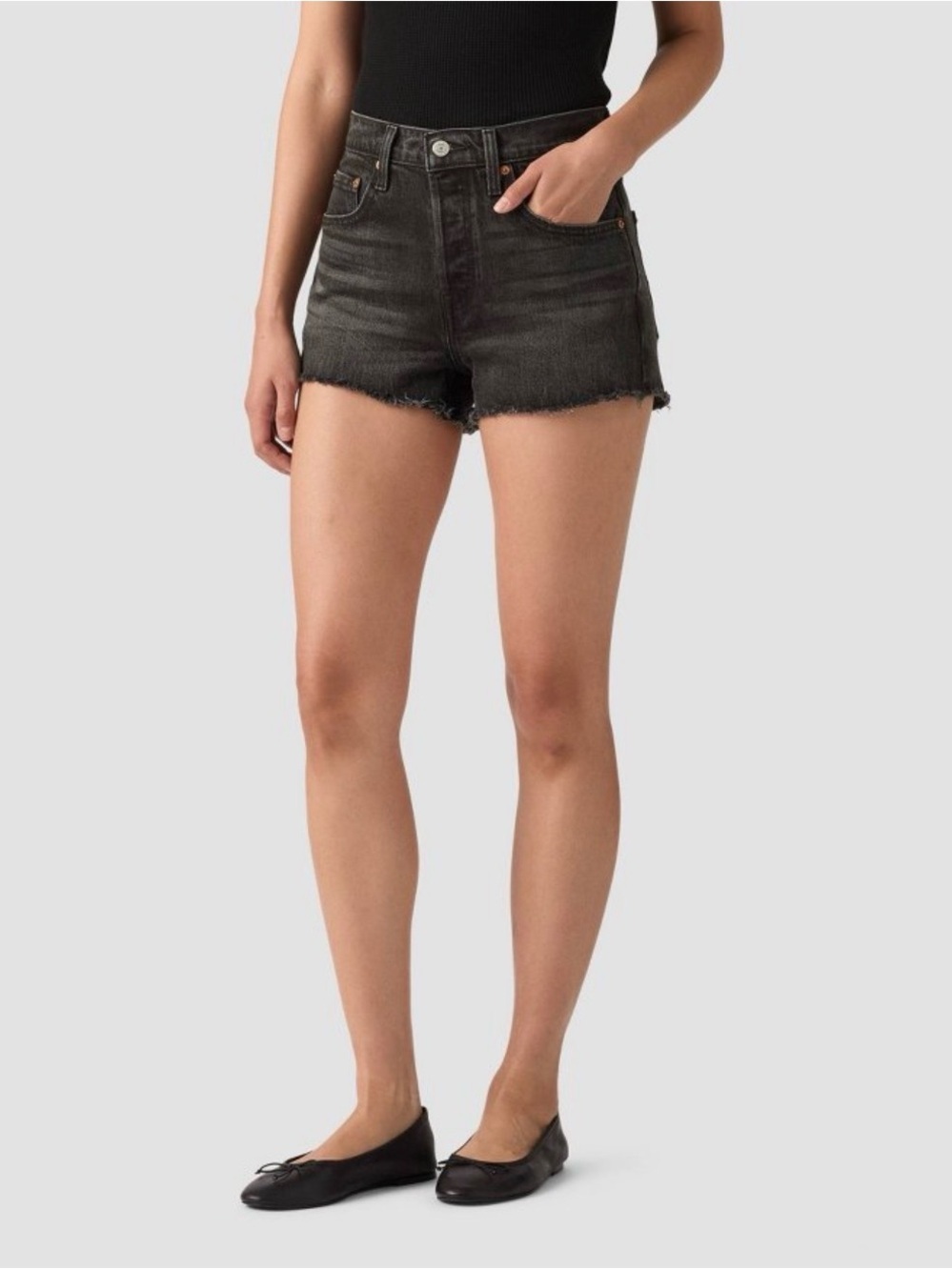 Levi’s 501 Black Denim Shorts W26 High Rise Button Fly Distressed Cutoffs Frayed